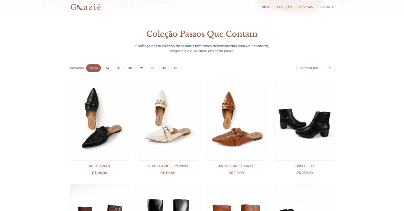 Print real da landing page Graziê no computador, com a coleção de calçados