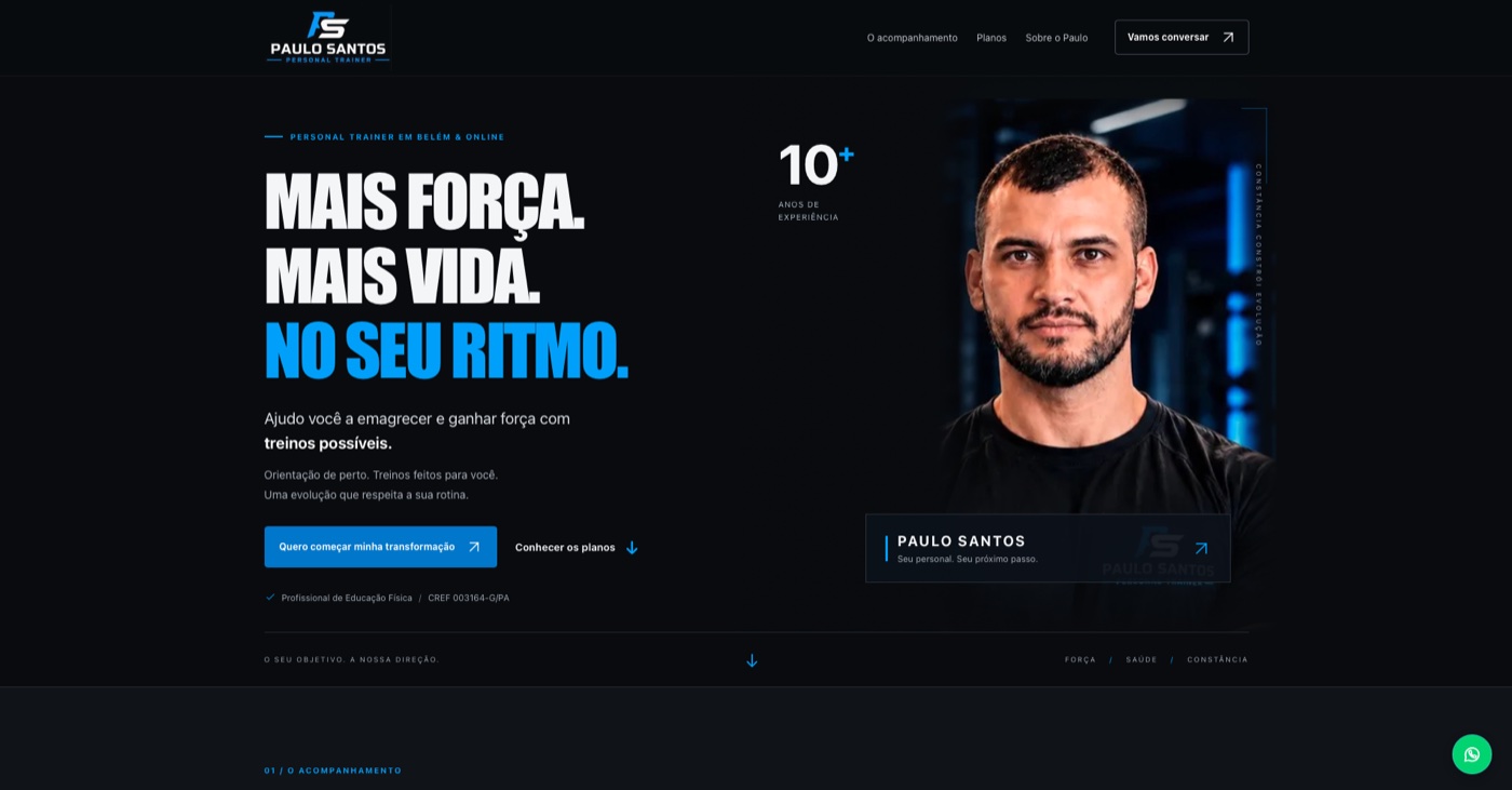 Print real do site Paulo Santos no computador, com apresentação do personal trainer